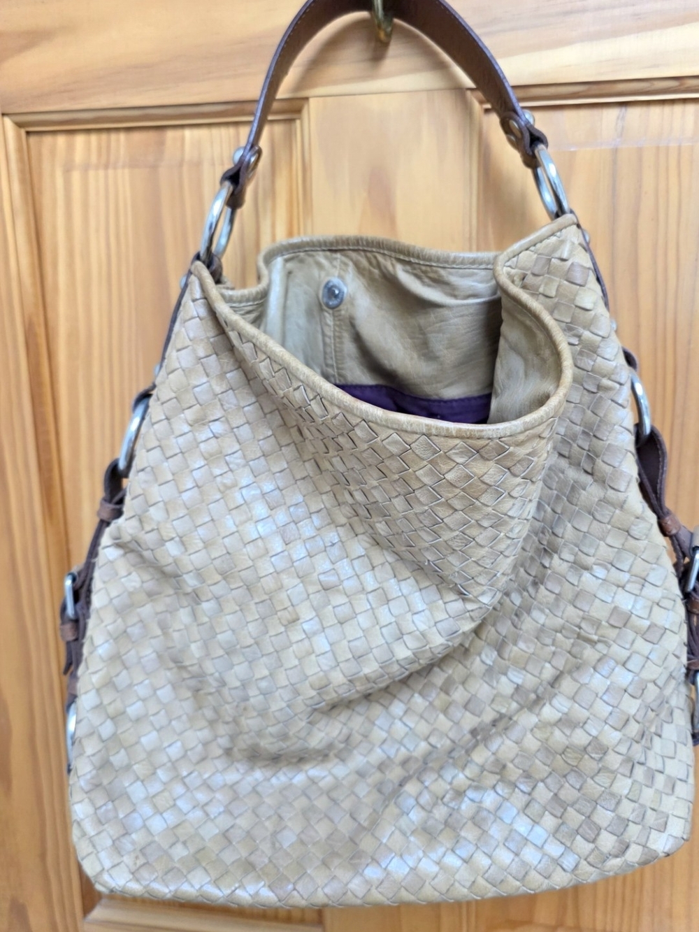 Tano Woven Leather Shoulder Bag in Tan with Brown Handles